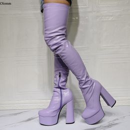 Rontic, recién llegado, botas hasta el muslo con plataforma para mujer, tacones con pezuña, punta redonda, hermosos zapatos de fiesta violeta, rosa y negro, zapatos de mujer de talla grande de EE. UU. 5-20