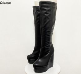 Roncic New Llegable Women Plataforma de invierno Botas de rodilla lateral Heads Tisos de punta redonda de zapatos casuales negros Mujeres más EE. UU. 5205263439