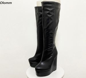 Rontic Nieuwe aankomst Dames Winterplatform Knie Boot Side Zipper Wedges Heels Round Toe Black Casual Shoes Women Plus US Size 5205263439