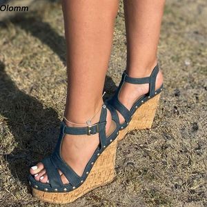 Rontic nouvelle mode femmes plate-forme sandales Denim goujons talons compensés bout ouvert noir bleu chaussures décontractées femmes nous grande taille 5-20