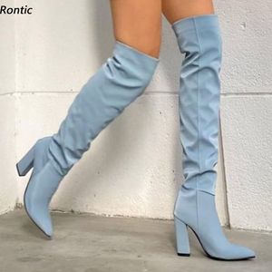 Rontic nouvelle mode femmes printemps sur le genou bottes Satin talons épais bout pointu belle bleu clair chaussures de fête taille américaine 5-15