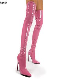 Rontic New Fashion Femmes Bottes de cuisses de cuisses Patent Côté Zipper STILETTO Talons pointés Points Pink Pink Party Chaussures Us Taille 5154105339