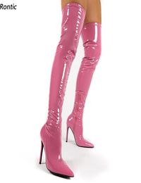 Rontic New Fashion Femmes Bottes de cuisses de cuisses Patent Zipper Stiletto Talons pointés Point Pink Pink Party Chaussures Us Taille 5155562518