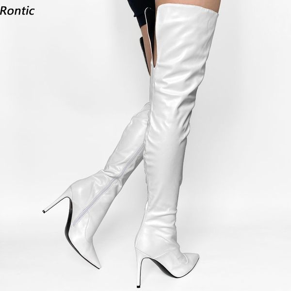 Rontic nouvelle mode femmes hiver cuissardes talons aiguilles bout pointu jolies chaussures de fête blanches taille américaine 5-15