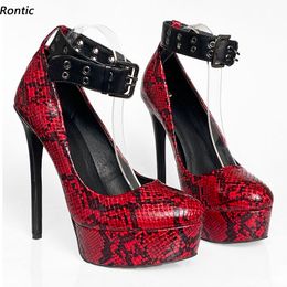 Rontic – escarpins à plateforme faits à la main pour femmes, motif serpent, talons aiguilles sexy, bout rond, jolies chaussures habillées rouges et jaunes, taille américaine 5-20