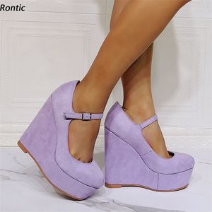 Rontic, hechos a mano nuevos, zapatos de tacón con plataforma para mujer, cuñas de gamuza sintética, tacones, punta redonda, bonitos zapatos casuales de color rosa, morado y blanco, tallas de EE. UU. 5-20