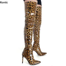 Rontic nouvelle main femmes hiver cuissardes brevet fermeture éclair talons aiguilles bout pointu fabuleux léopard chaussures de fête taille américaine 5-15