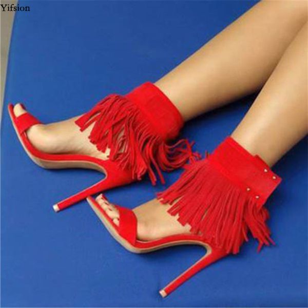 Rontic nouveau élégant femmes gladiateur sandales Sexy frange talons aiguilles chaussures Peep Toe rouge chaussures de fête femmes US grande taille 5-15