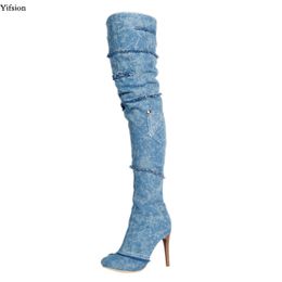 Rontic nouvelles femmes sur le genou bottes Denim tissu talons aiguilles bottes bout rond bleu chaussures décontractées femmes Plus taille américaine 5-15
