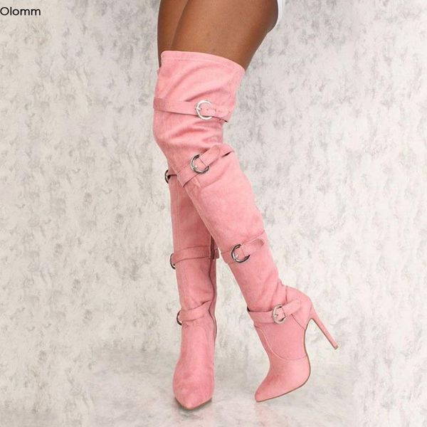 Rontic nouvelles femmes sur le genou bottes Sexy talons aiguilles bottes joli bout pointu vin rouge rose chaussures de fête femmes Plus taille américaine 5-15