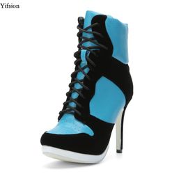 Rontic nouvelles femmes plate-forme bottines talons aiguilles bottes belle bout rond élégant bleu chaussures décontractées femmes grande taille américaine 4-15