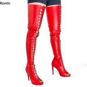 Rontic nuevas mujeres primavera muslo botas de cuero de imitación con cordones tacón de aguja peep toe hermoso rojo rosa noche Club zapatos tamaño EE. UU. 5-20