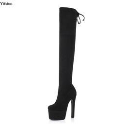 Roncic New Women Winter Over the Knee Tots Boots de tacón alto de tacón de tacón de techo redondeo zapatos grises negros Mujeres Plus EE. UU. 3-9.5