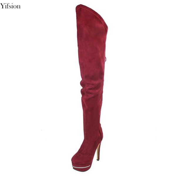 Rontic-Botas por encima de la rodilla con plataforma para mujer, botas sexis de tacón alto fino, zapatos de punta redonda a la moda, color rojo vino, talla estadounidense 4-15