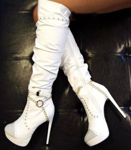 Rontic Women Platform Gnee High Boots Rivets Sexe Stiletto Talons Bottes Round Toe Club White Wear Chaussures Femmes Plus US Taille 5156735647