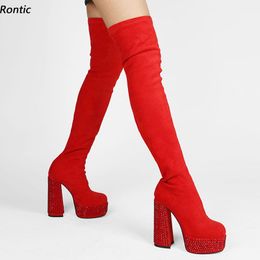 Rontic, botas hasta el muslo de primavera para mujer, cristal Unisex, gamuza sintética, tacones de bloque, punta cuadrada, preciosos zapatos de fiesta rojos, talla estadounidense 5-13