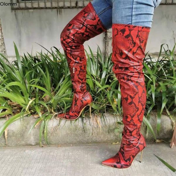 Rontic femmes cuisse haute serpent motif bottes Sexy talons aiguilles bottes bout pointu rouge fête chaussures femmes Plus taille américaine 5-15
