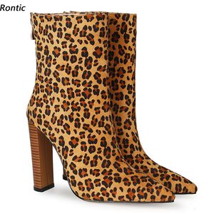 Rontic-Botines de invierno para mujer, gamuza sintética, cremallera trasera, tacones gruesos, punta estrecha, bonitos zapatos de fiesta de leopardo, talla estadounidense 4-14