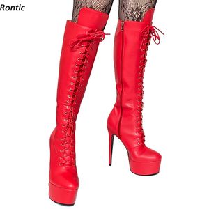 Rontic femmes hiver plate-forme genou bottes à lacets Faux cuir Sexy talons aiguilles bout rond jolies chaussures de fête rouges taille américaine 5-20