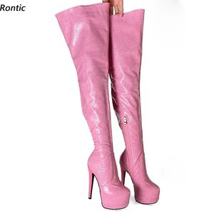 Rontic Vrouwen Winter Dij Laarzen Platform Zijrits Sexy Stiletto Hakken Ronde Neus Mooie Roze Partij Schoenen Amerikaanse Maat 5-20