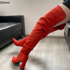 Rontic Femmes Hiver Cuissardes Goujons Dos Fermeture Éclair Chunky Talon Bout Pointu Jolies Jaune Orange Night Club Chaussures Plus Taille US 5-16