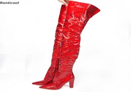 Rontique Femmes Hiver Bottes High Boots Blocs Talons Modèle de serpent Point Toe Magnifique Red Club Wear Chaussures Femmes Plus US Taille 5157339634