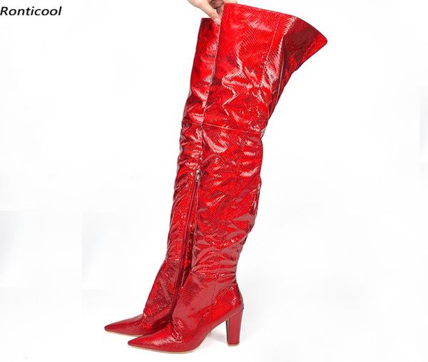 Rontic Mujer Botas altas de invierno hasta el muslo Tacones de bloque Patrón de serpiente Punta estrecha Precioso rojo Ropa de club Zapatos Mujer Tallas grandes de EE. UU. 5158942150
