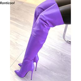 Ronticool fait à la main femmes hiver sur le genou bottes Faux cuir Sexy talons aiguilles bout pointu violet robe chaussures nous taille 5-15