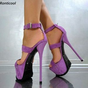 Ronticool travail manuel femmes été plate-forme sandales daim Sexy talons aiguilles bout ouvert fabuleux violet fête chaussures taille américaine 5-20