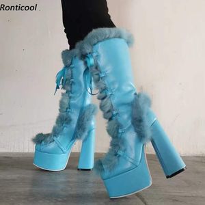 Ronticool luxe femmes hiver mi-mollet bottes fausse fourrure talons épais bout rond belles chaussures de fête bleu clair blanc grande taille américaine 5-15
