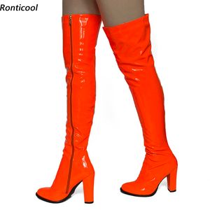 Ronticool nouveau élégant femmes hiver cuissardes côté fermeture éclair talons épais bout rond Orange boîte de nuit chaussures taille américaine 5-20