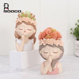 Roogo Femme Head Little Fairy Flowerpot Resin Succulent Planter Potter Beautiful Girl Desktop Statue Home and Garden Decor