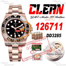 Rootbeer 126711 DD3285 Reloj automático para hombre Clean CF Oro rosa Marrón Bisel de cerámica Esfera negra Pulsera de acero 904L Super edición Misma tarjeta de serie Puretime Reloj