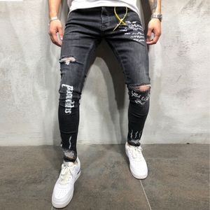 Ropa de hombre 2019 hommes nouveau noir élastique pieds trous imprimer lettre pantalon mode slim fit jeans jean homme régulier #5N16 # F