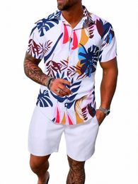 Ropa deportiva para hombre, Polo informal de estilo playero, camiseta de manga corta c botes en pantales cortos, 2 piezas t2XX#