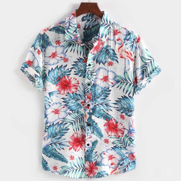 Ropa Hombre Summer Hommes Chemises en coton Fleur Flamingo Imprimer Casual Slim Fit Respirant Chemises à manches courtes 210527