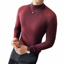 Ropa Hombre T-shirt pour hommes coréens vêtements de luxe haute élastique col roulé Slim Fit manches Lg T-shirts pour hommes Casual TopsTees z0Dx #