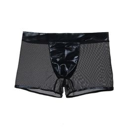 ROPA Interior Hombre Mesh See Through Hollow Out Sexy Boxershorts Men Briefs Black Leather Man Sex Underwear Lingerie MPS047 240506