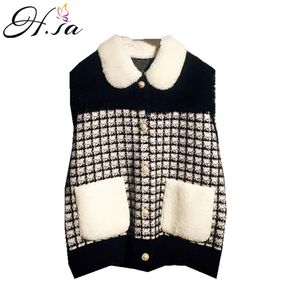 Ropa Mujer Invierno Winter Turn Down Collar Knit Sweater Single Breasted Japanse Plaid Vest 210430