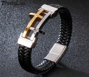 Touwketen bid Bracelet Man Leather Gold/Black roestvrijstalen herenarmbanden Hand sieraden wrapband met magneet clasp6567192