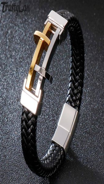 Cadena de cuerda Pray Pray Man Cuero Oro/Negro de acero inoxidable Pulseras para hombres Banda de joyería a mano con broche de imán1640976