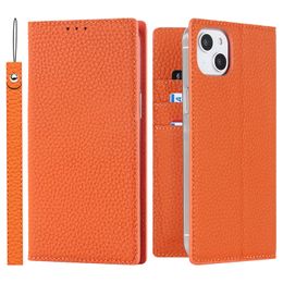 Touw folio echte lychee graan lederen telefoonhoesjes voor iPhone 14 13 12 11 pro max