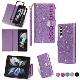 Rope Folio Glitter Zipper Phone Cases pour iPhone 14 13 12 Pro Max Samsung Galaxy Z Folding Fold3 Fold4 S23 Ultra S22 S21 Plus Sparkle Leather Wallet Chain Bracket Shell
