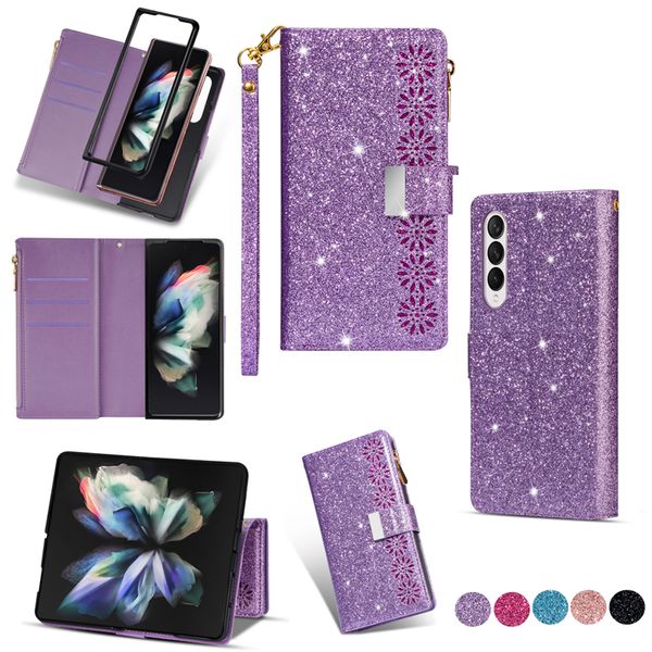 Rope Folio Glitter Fundas para teléfonos con cremallera para iPhone 14 13 12 Pro Max Samsung Galaxy Z Fold3 Fold4 S23 Ultra S22 S21 Plus Sparkle Leather Wallet Chain Bracket Shell