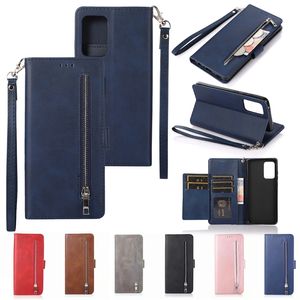 Rope Folio Phone Case for iPhone 13 12 Mini 11 Pro Max XR XS 7 8 Plus SE2 SE3 Samsung Galaxy S22 Ultra S21 Multiple Card Slots Zipper Leather Wallet Chain Kickstand Shell