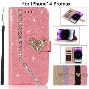 Rope Glitter Love Heart Folio Vogue telefoonhoes voor iPhone 14 13 12 11 Pro Max XR Samsung Galaxy S23 Ultra S22 plus S21 S20 Note20 A73 5G Sparkle Leather Wallet Shell