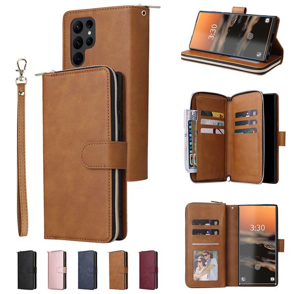 Fundas para teléfono con cremallera en folio magnético de cuerda para iPhone 14 13 12 11 Pro Max XR XS 7 8 Plus SE2 SE3 Pulsera con 9 ranuras para tarjetas Cartera de cuero con cadena protectora