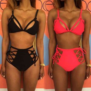 Cuerda en la cintura alta Bikini Push Swimwear Femenino blanco rojo negro baño baño vendaje traje de baño Mujer nadando 210722