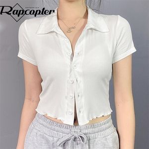 Ropter, cárdigans de un solo pecho, Top corto de punto blanco y2k, camiseta con cuello vuelto, camiseta de manga corta, camiseta Harajuku para mujer 220408