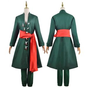 Disfraz de Roronoa Zoro para hombre y niño, abrigo verde, cinturón, pantalones, cabeza, peluca y bufanda, pendiente, ropa de fiesta de Halloween, conjunto completo, cosplay